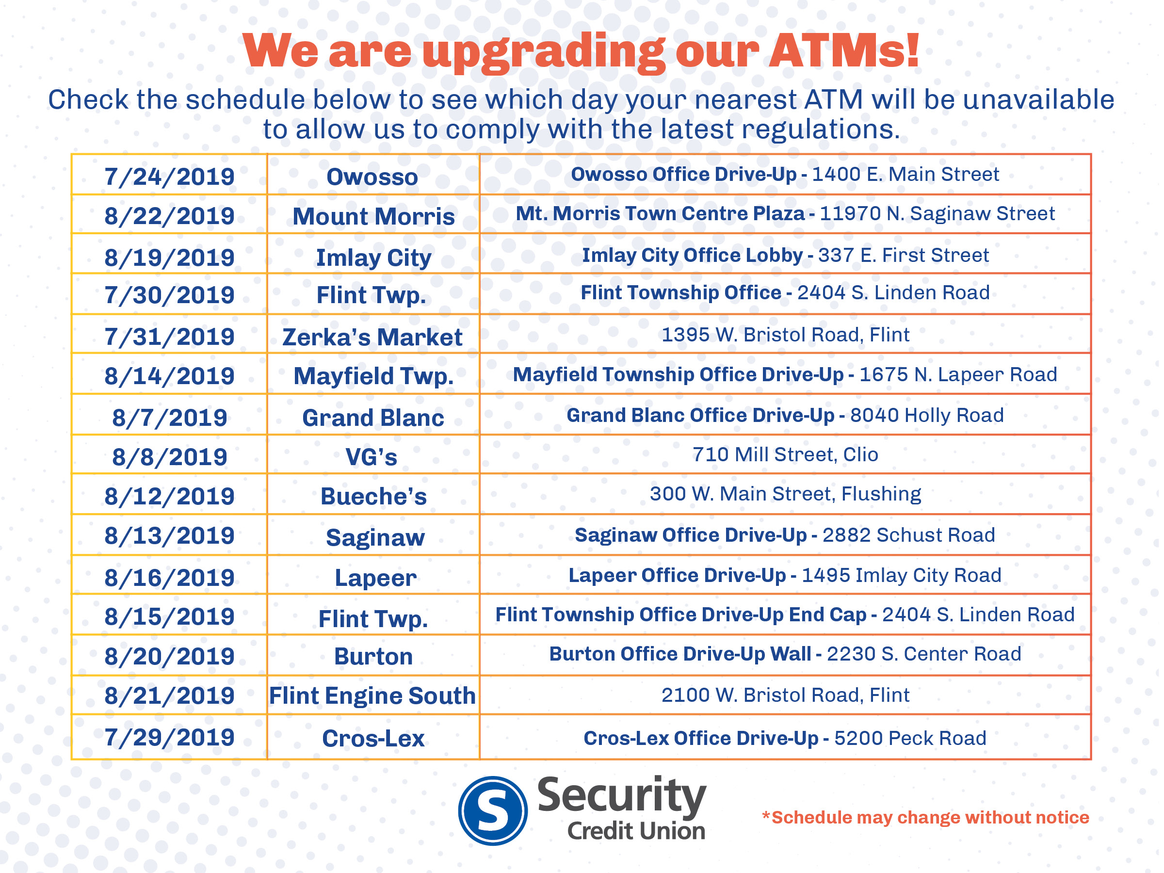 ATM Upgrade Schedule ATM Upgrade Schedule