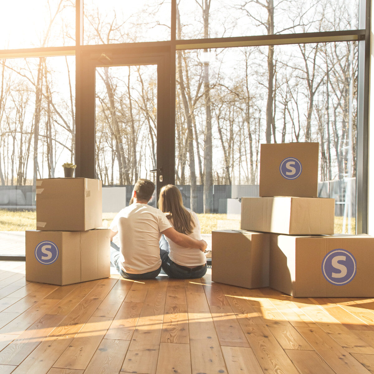 Mortgage banner Moving Boxes in living room.