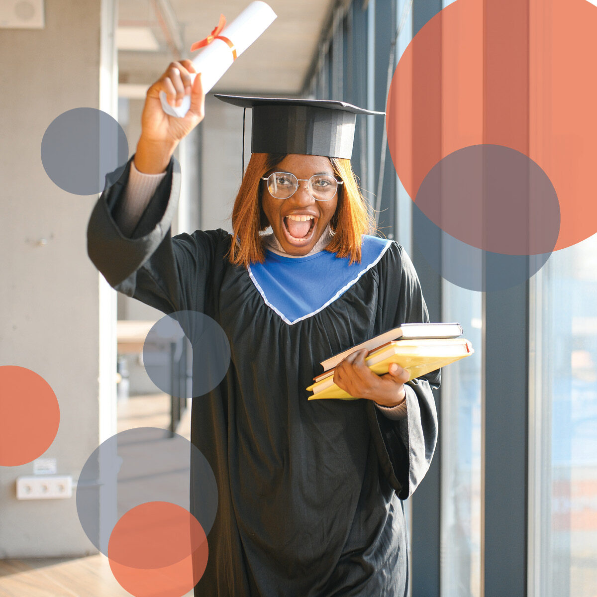 Scholarship Banner Graduate holding up diploma