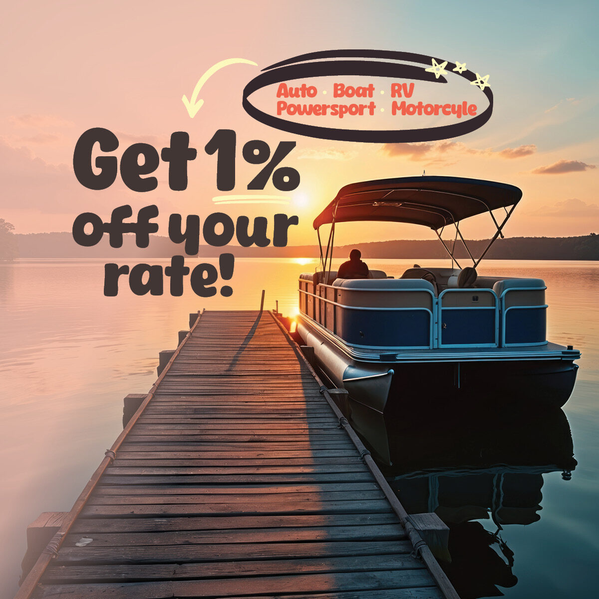 Picture of a Pontoon, says Get 1% off your Rate.