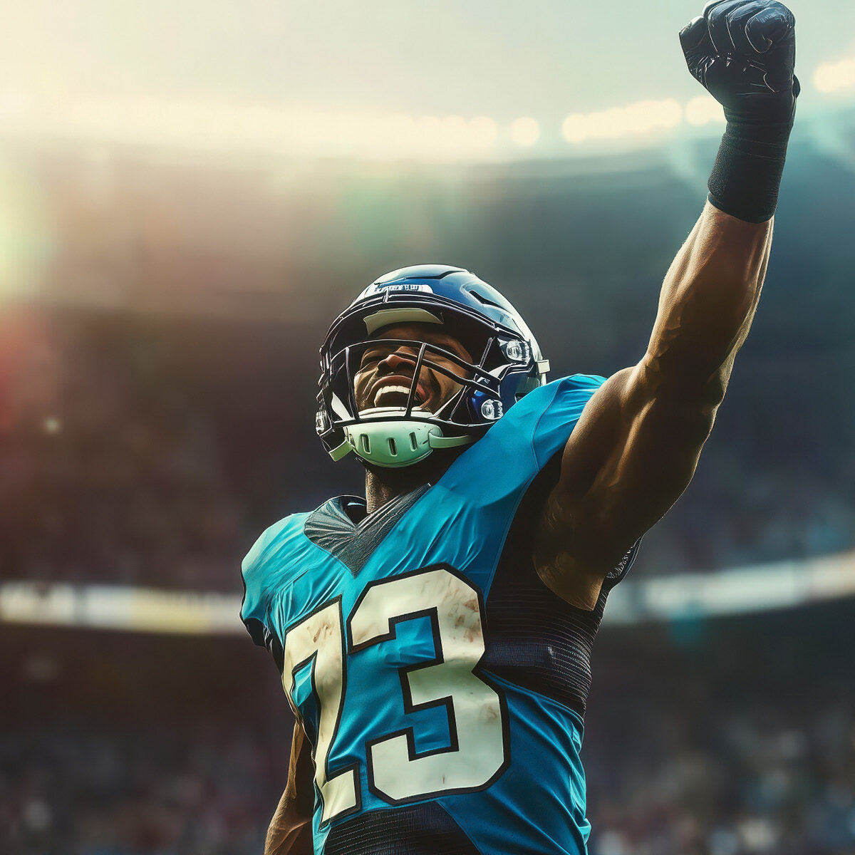 football player excitedly holding his hand up.
